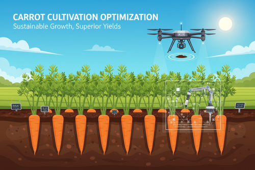 Carrot cultivation optimization service — thriving carrot crops in rich soil with precision farming tools